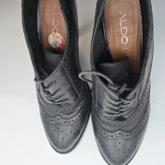ALDO Y2K Sz 10 Black Leather Lace-Up Brogue Style Heeled Oxford Stiletto Shoes - Picture 11 of 12